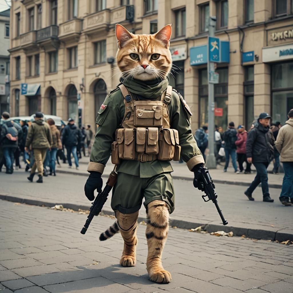 Cartoon Cat Soldier on Patrol in Kharkiv, Anime Style