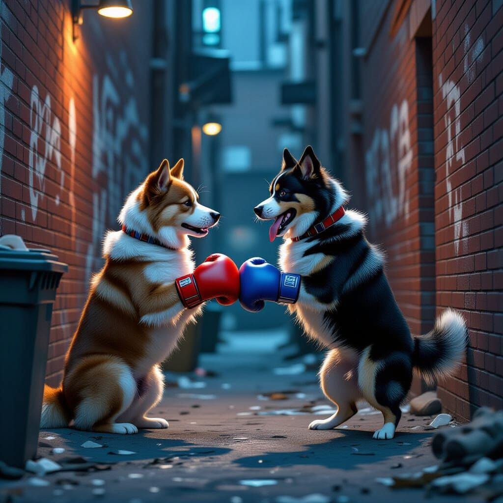 Dogs Boxing in Gritty Alleyway Realistic Style