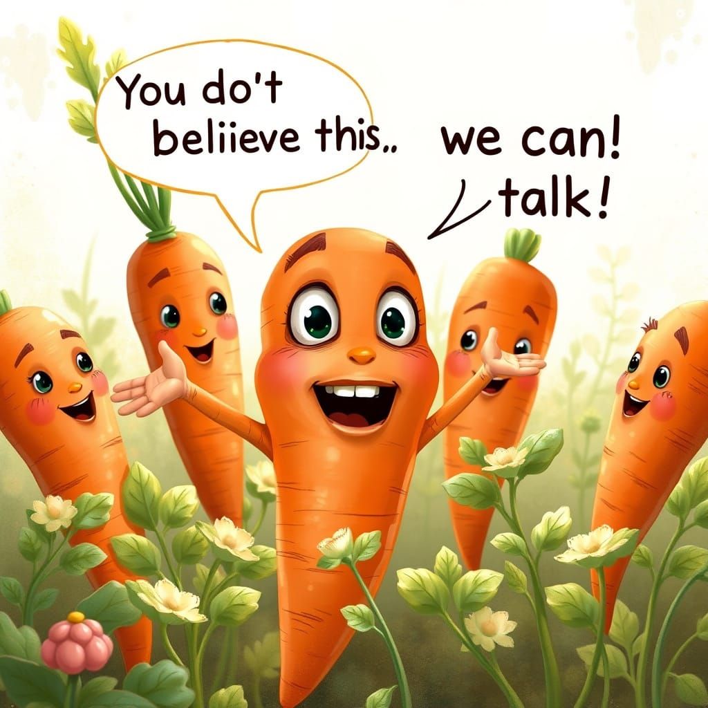 Anthropomorphic Carrots Chatting in a Garden