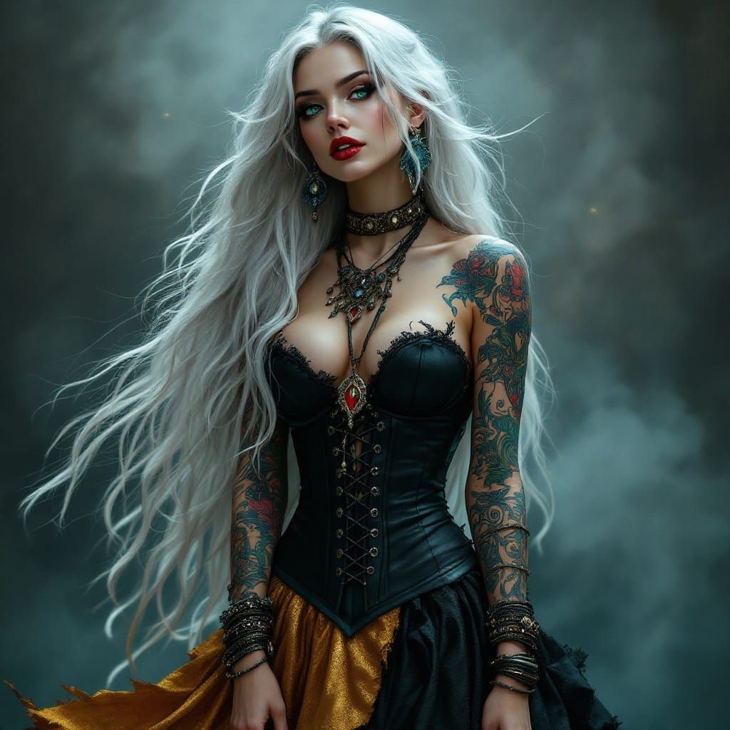 Ethereal Fantasy Woman in Vibrant Colors and Intricate Tatto...
