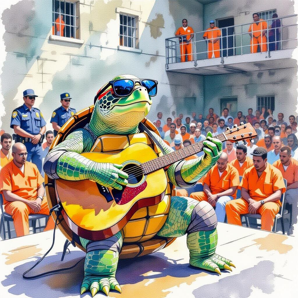 Turtle Plays Guitar for Inmates, Watercolor Painting