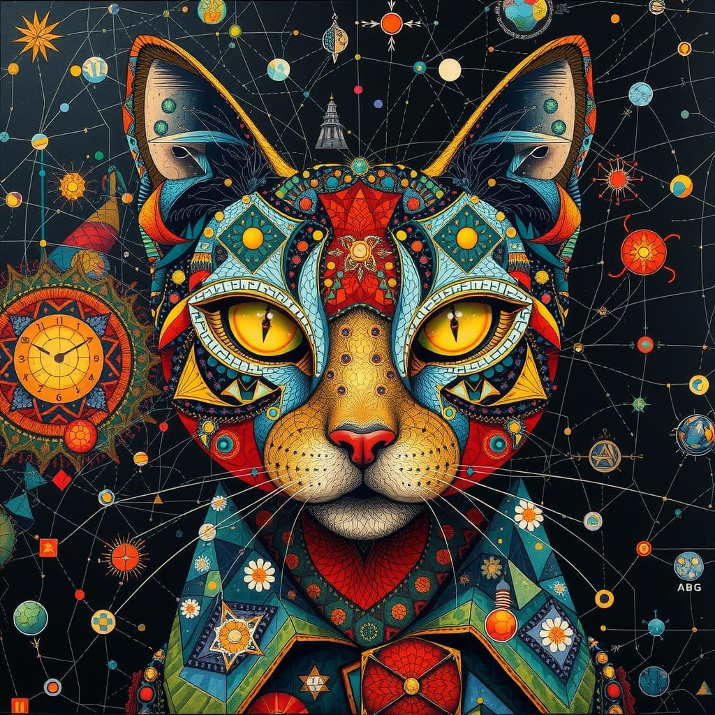 Colorful Abstract Cat Painting in Geometric Style