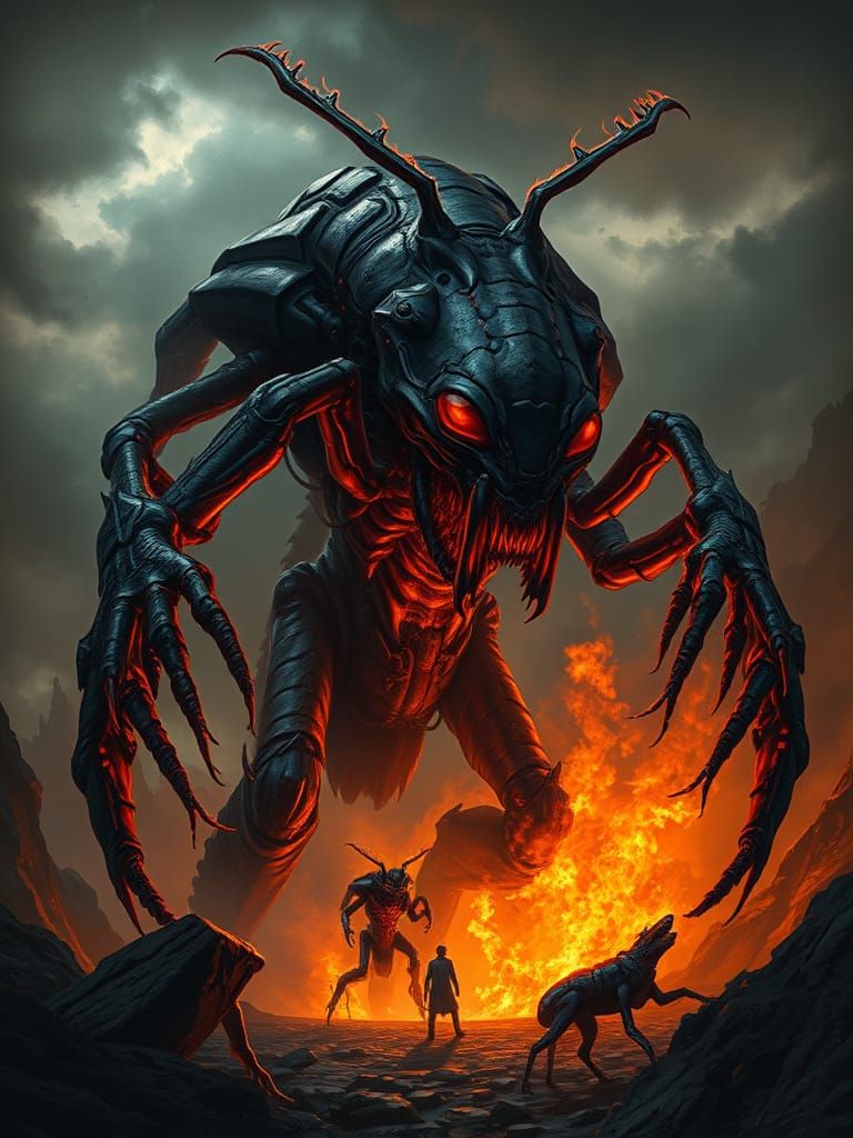 Hellish Demon with Fire Ant Head in Dark Fantasy Style