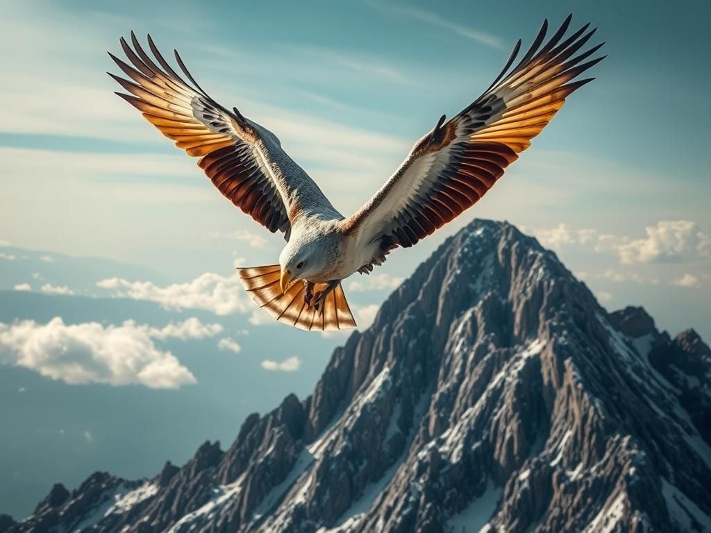 Bird Soaring Above Mountain in Hyperrealistic Style