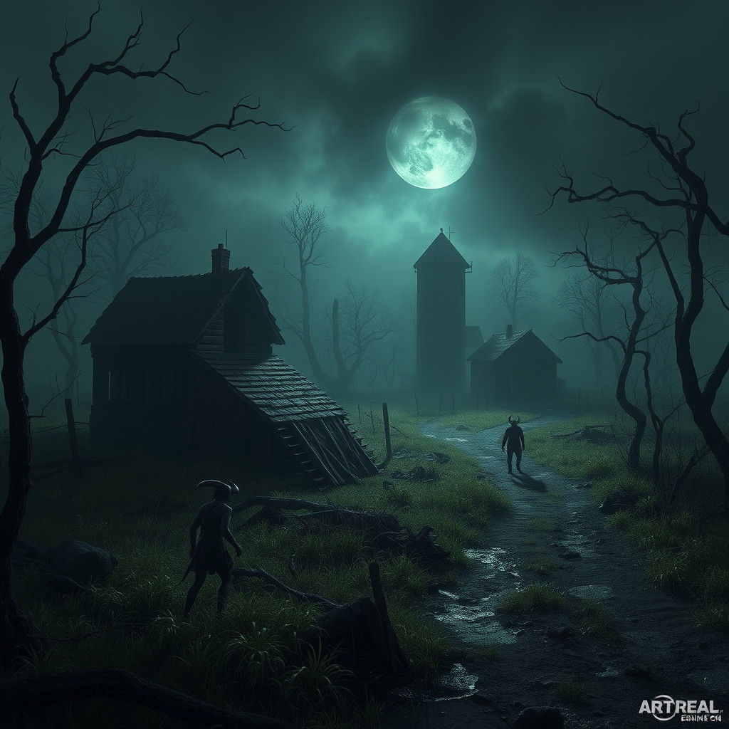 Creeping Abandoned Farm with Devil, Detailed Matte Painting