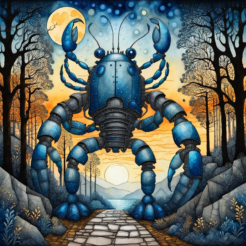 Robot Lobster on Moonlit Path: Impasto Alcohol Ink Art