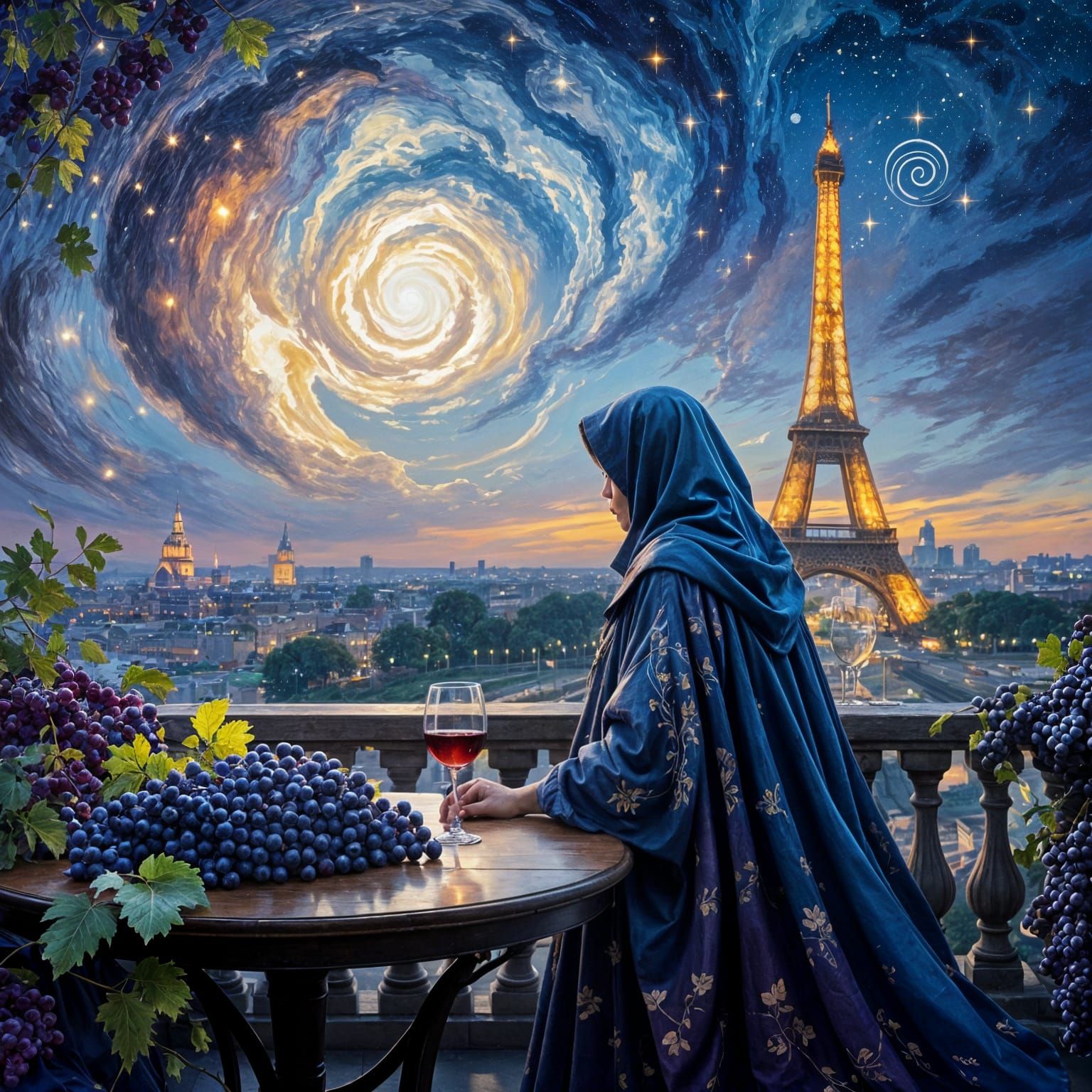 Dreamy Scene: Figure with Wine, Paris at Dusk