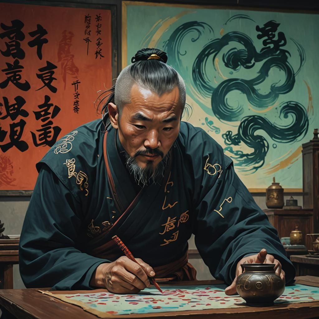 Shaolin Monks in Flowing Robes with Calligraphy