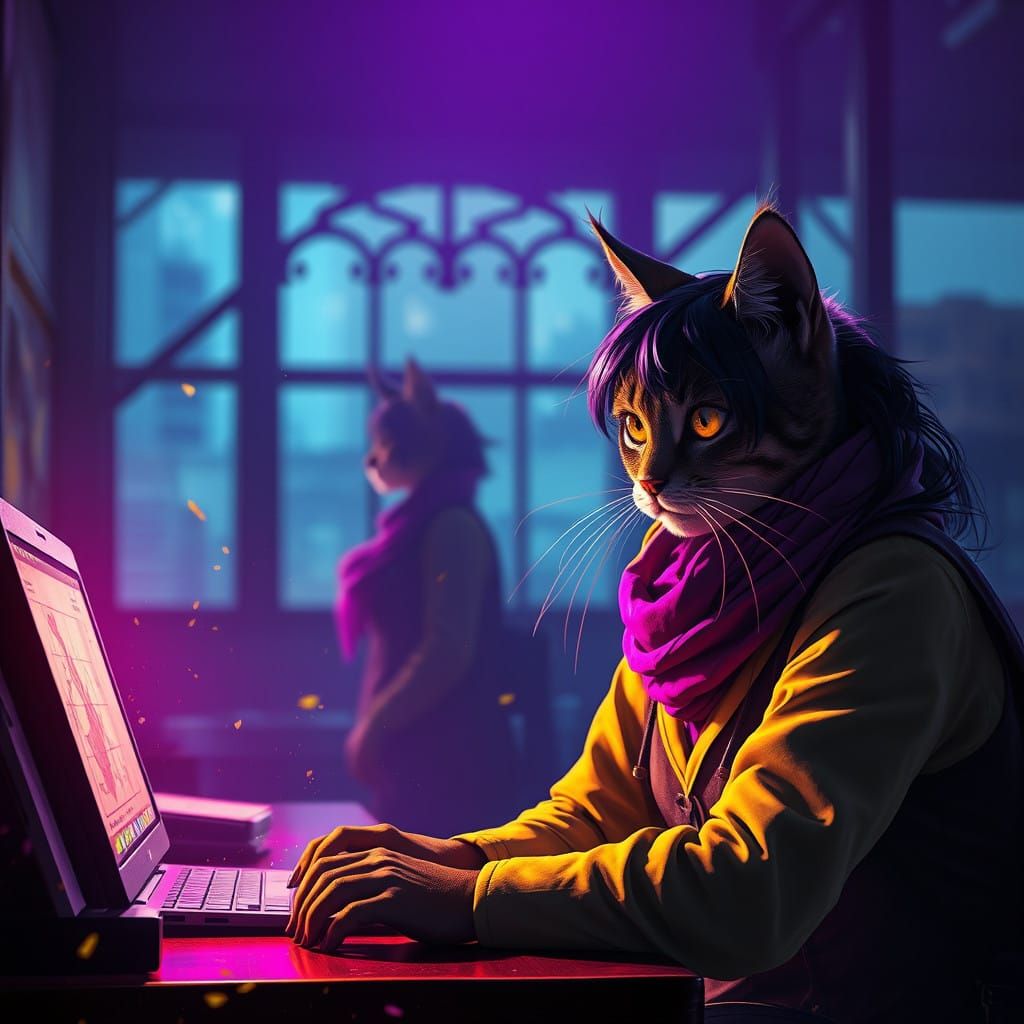 Dark Fantasy Cat Woman in Eerie School Setting