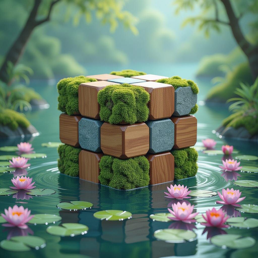 Surreal Rubik's Cube Floats in Misty Lake