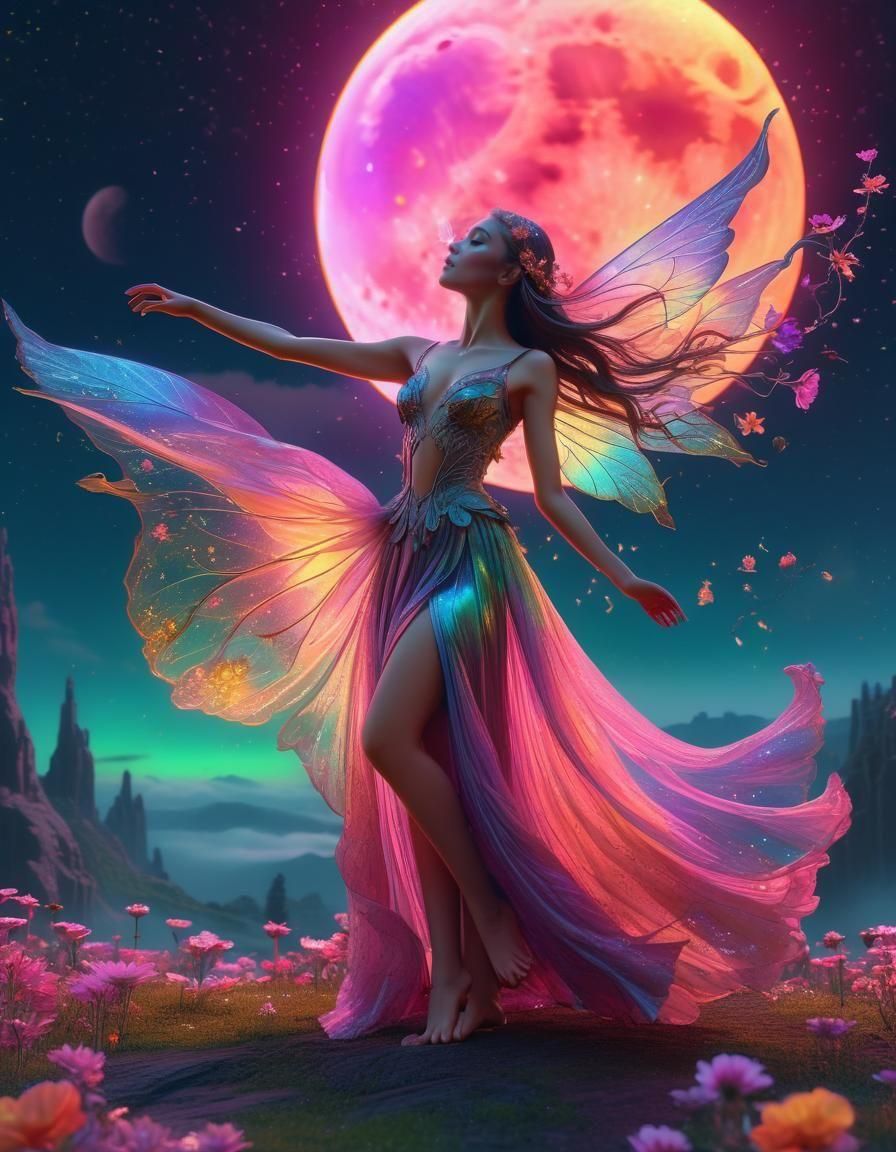 Ethereal Fairy with Neon Aurora, Astral Illustration