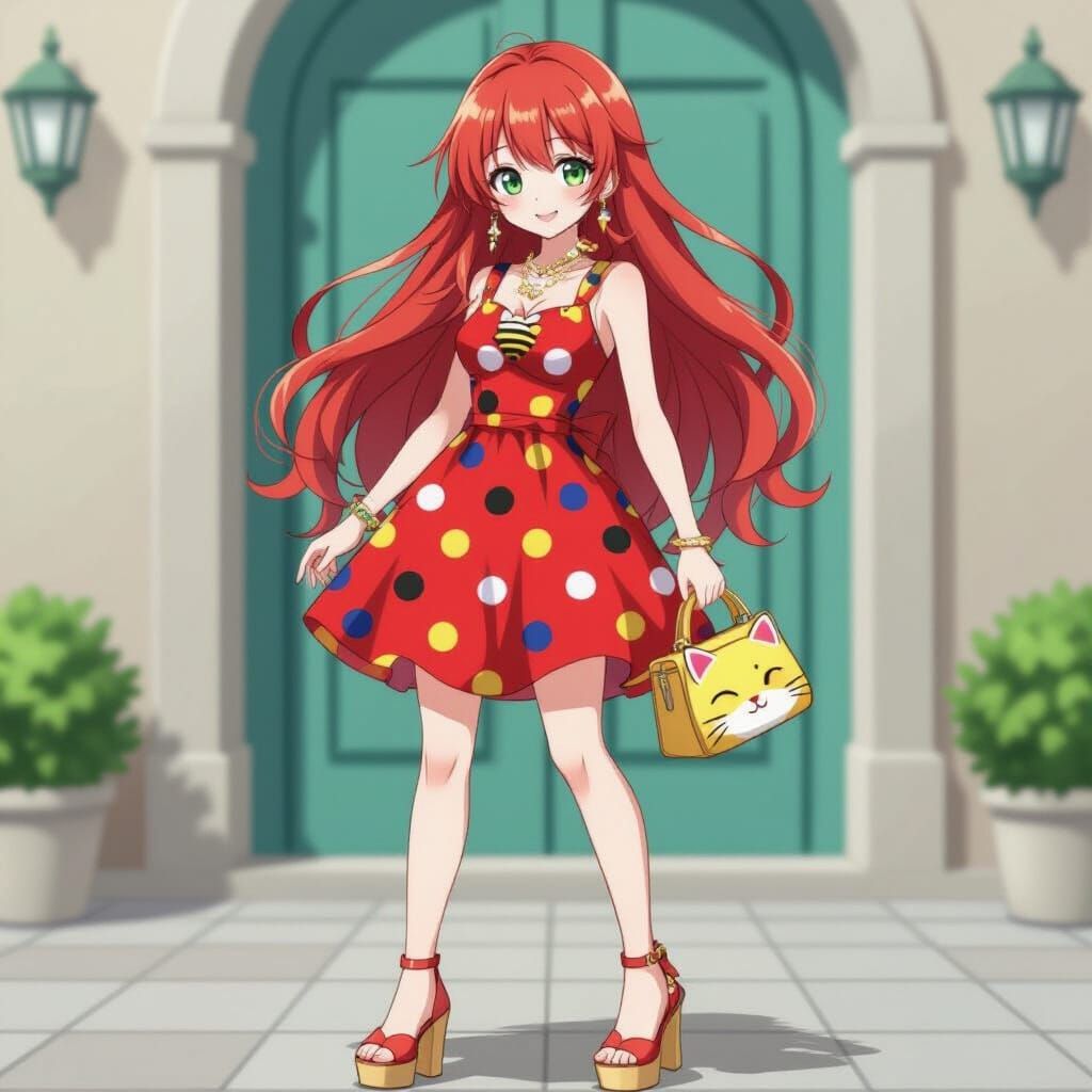 Anime Woman in Polka Dot Dress with Bee Accents
