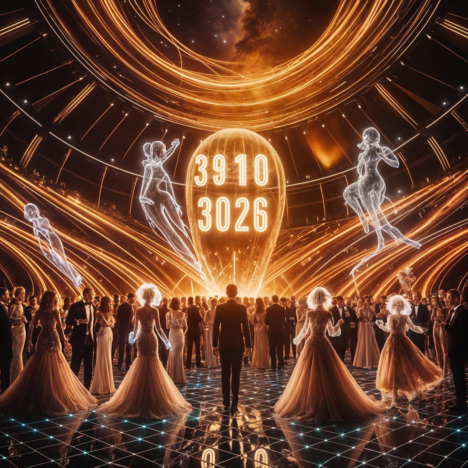Futuristic New Year's Eve Party in Space Ballroom