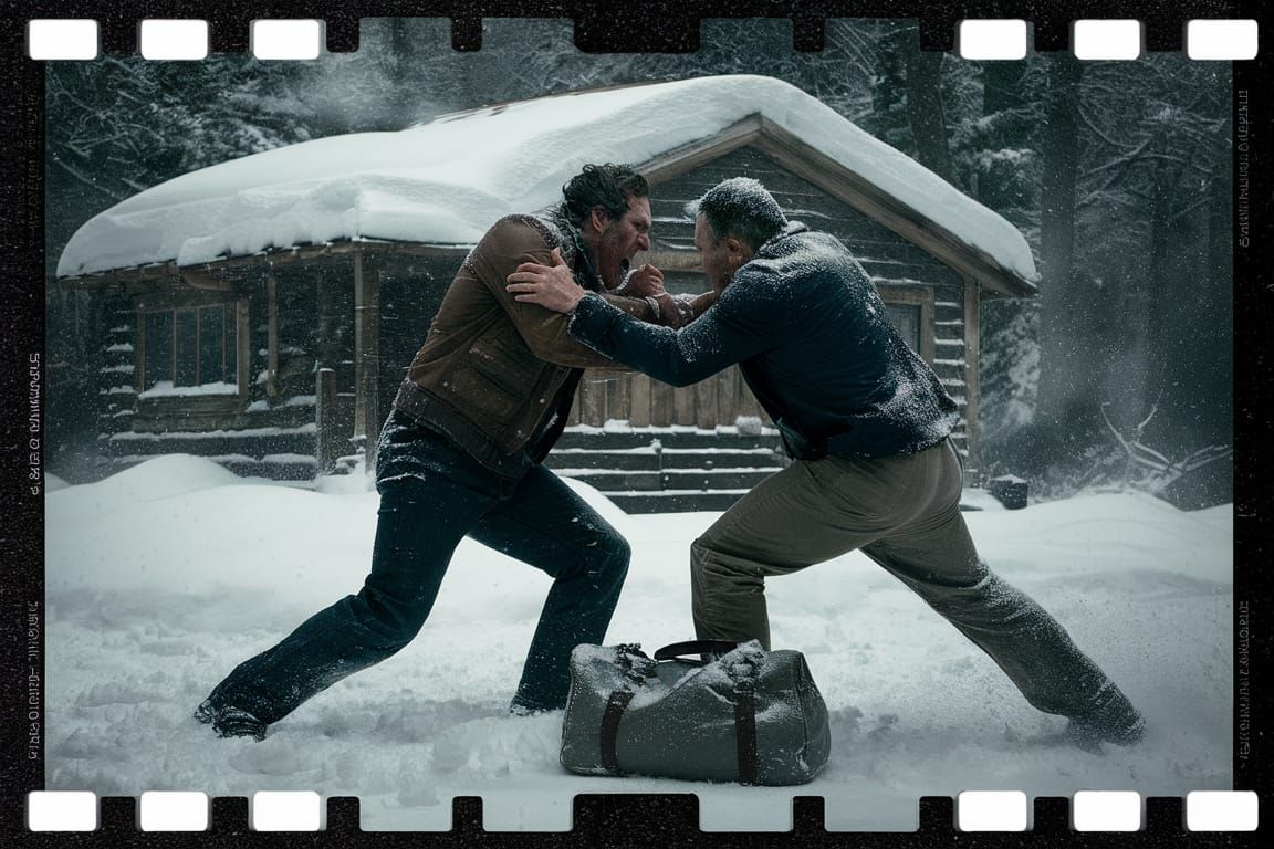 Cinematic Snow Cabin Scene: Men Fight Over Duffle Bag