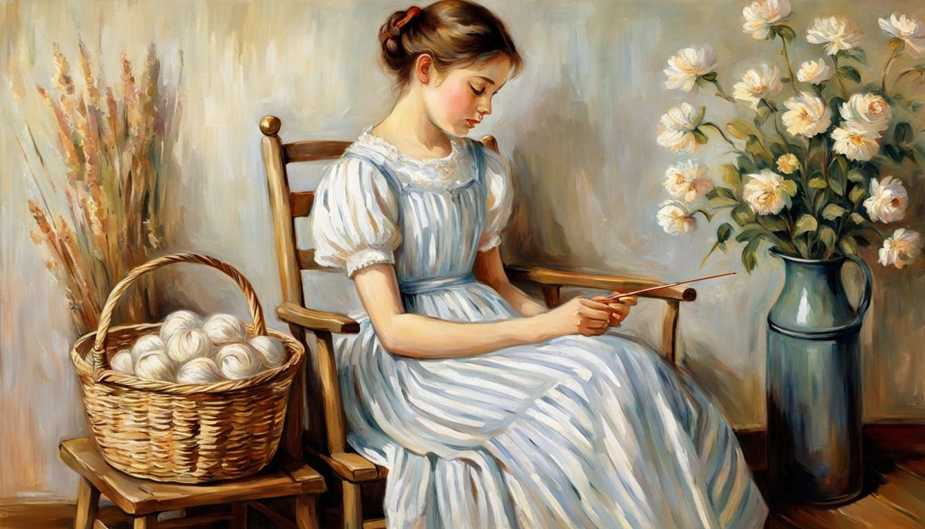 Young Girl in Serene Domestic Scene, Impressionist Oil Paint...