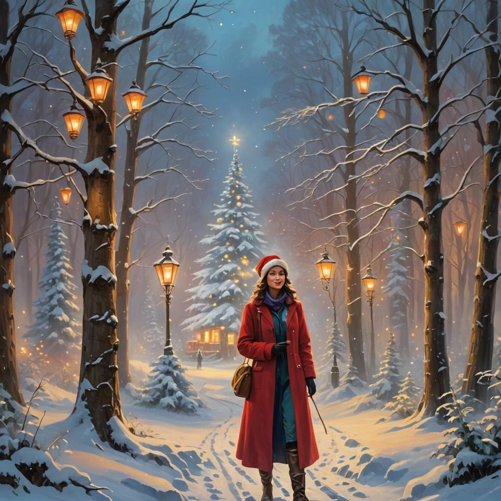 Festive Woman in Snowy Forest as Oil Painting