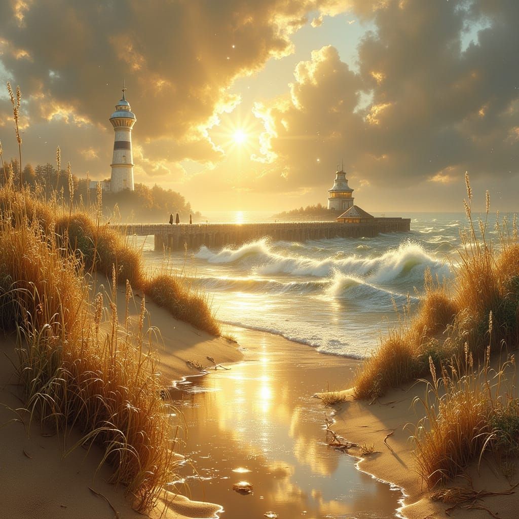 Sunrise Over Turbulent Sea with Lighthouse, Surrealist Style