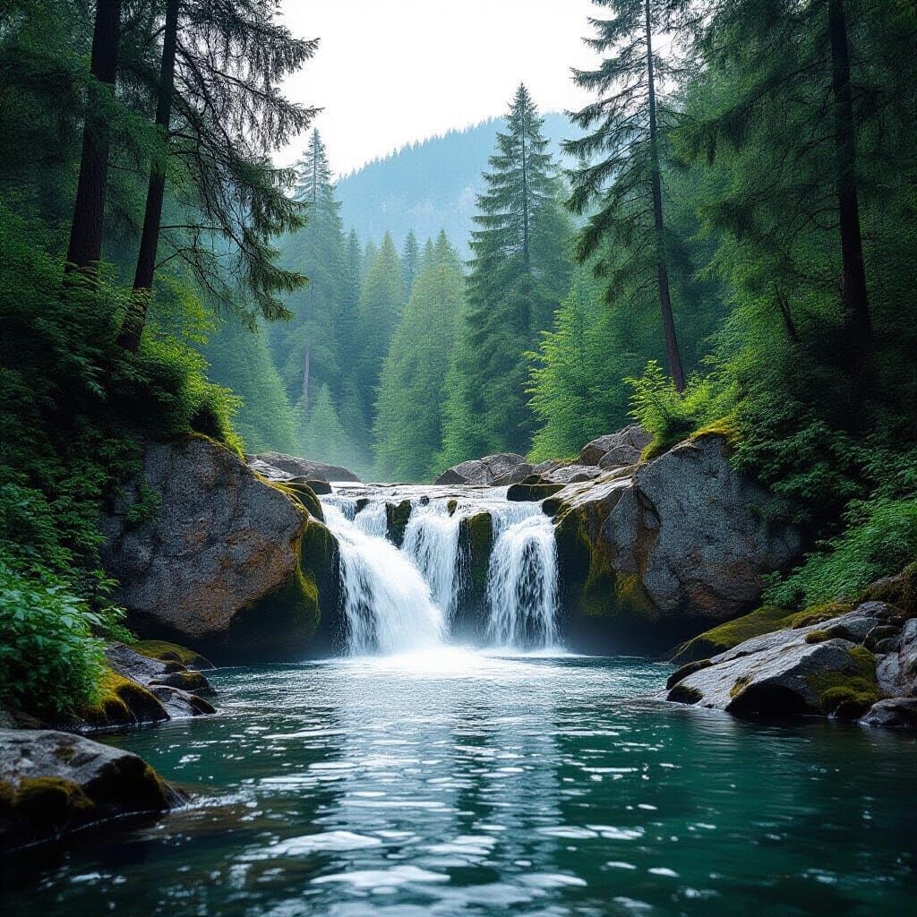 Waterfall in Evergreen Forest, Watercolor Style