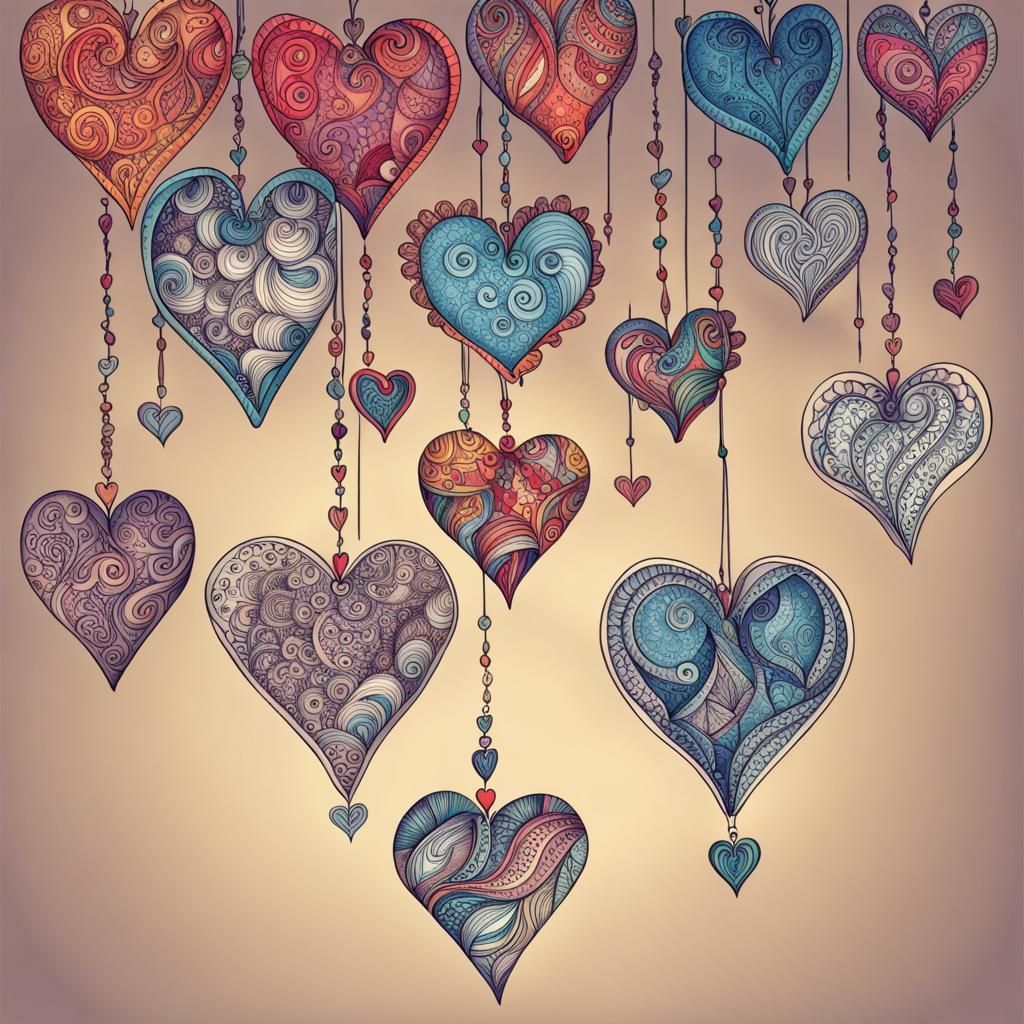 Colorful Zentangle Hearts Suspended from Ceiling