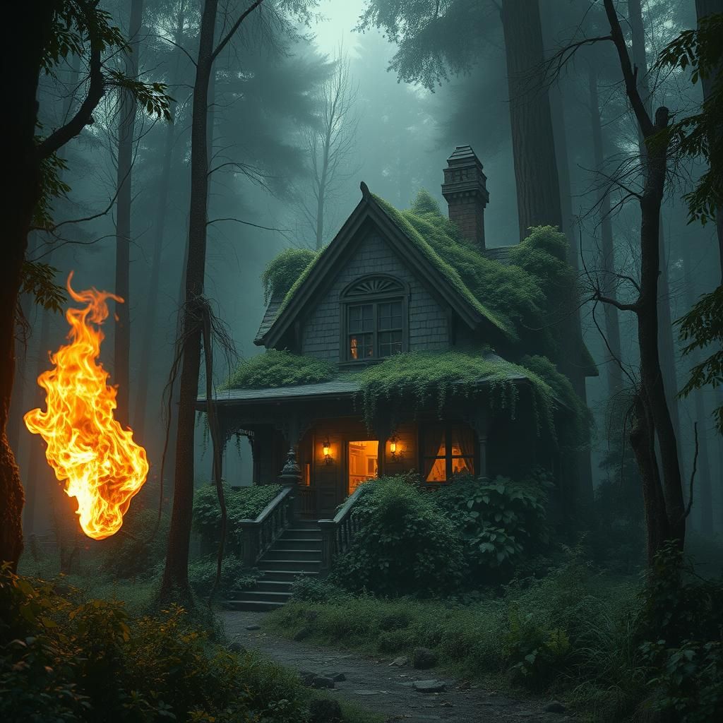 Overgrown Forest House with Fire Ghost