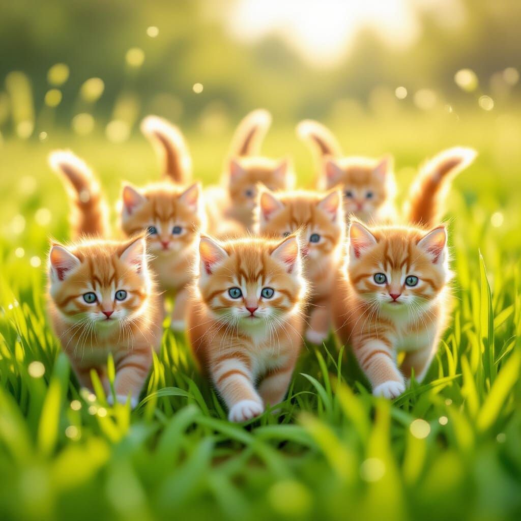 Fluffy Ginger Kittens Trotting on Green Grass Meadow