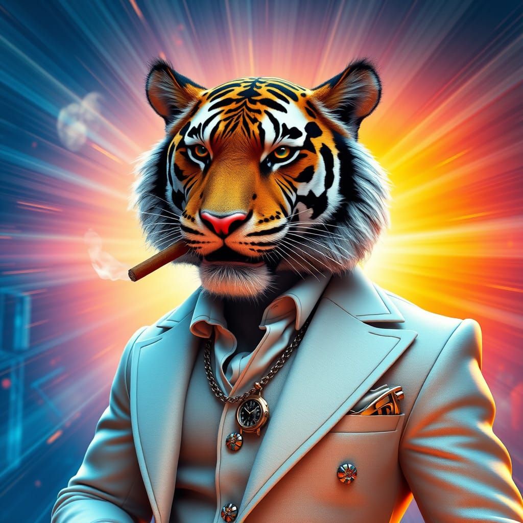 Surreal Tiger Smokes Cigar in Futuristic Sunset