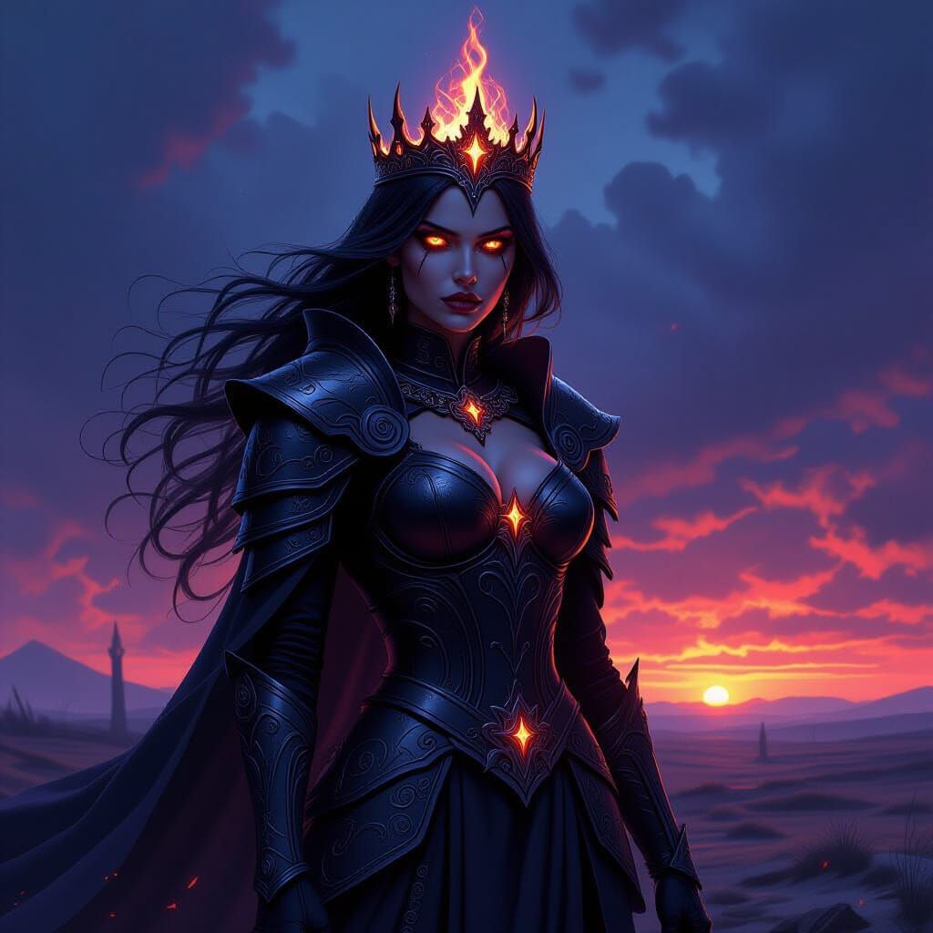 Dark Fantasy Queen in Obsidian Armor on Battlefield