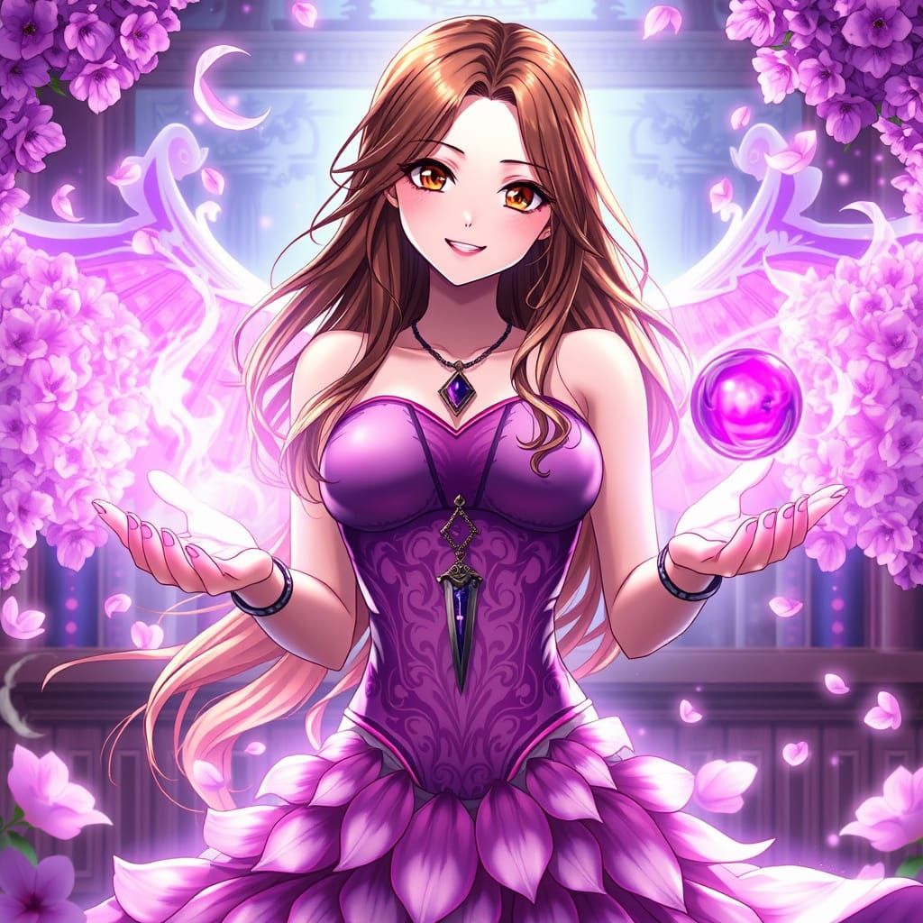 Beautiful Woman with Lilac Dress and Magic, Anime Style