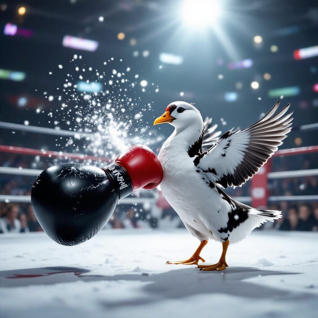Angry Duck in Boxing Gloves Punches Training Bag