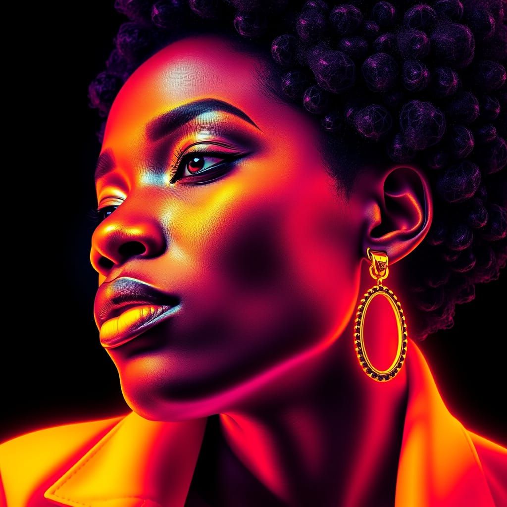 Surreal Afro-Brazilian Woman in Neon-Lit Optical Illusion