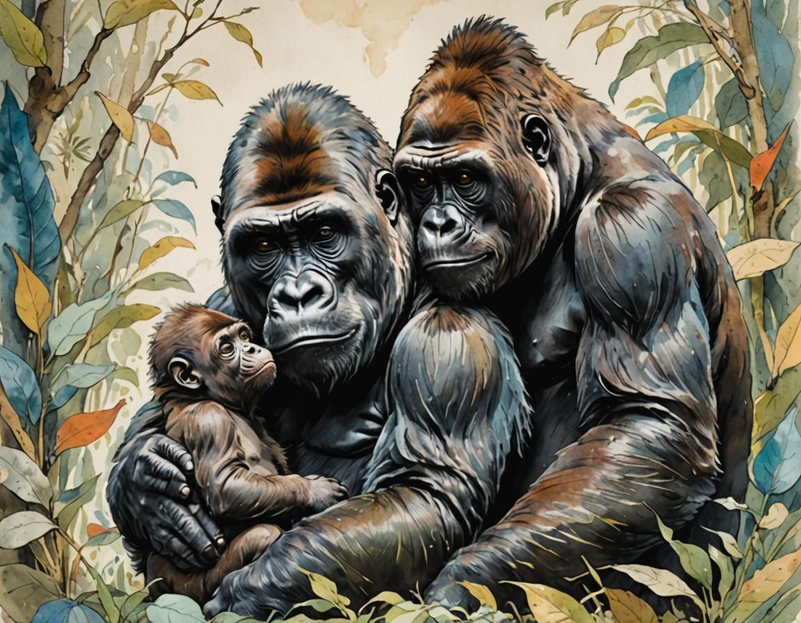 Loving Gorilla Mother and Baby in Abstract Art