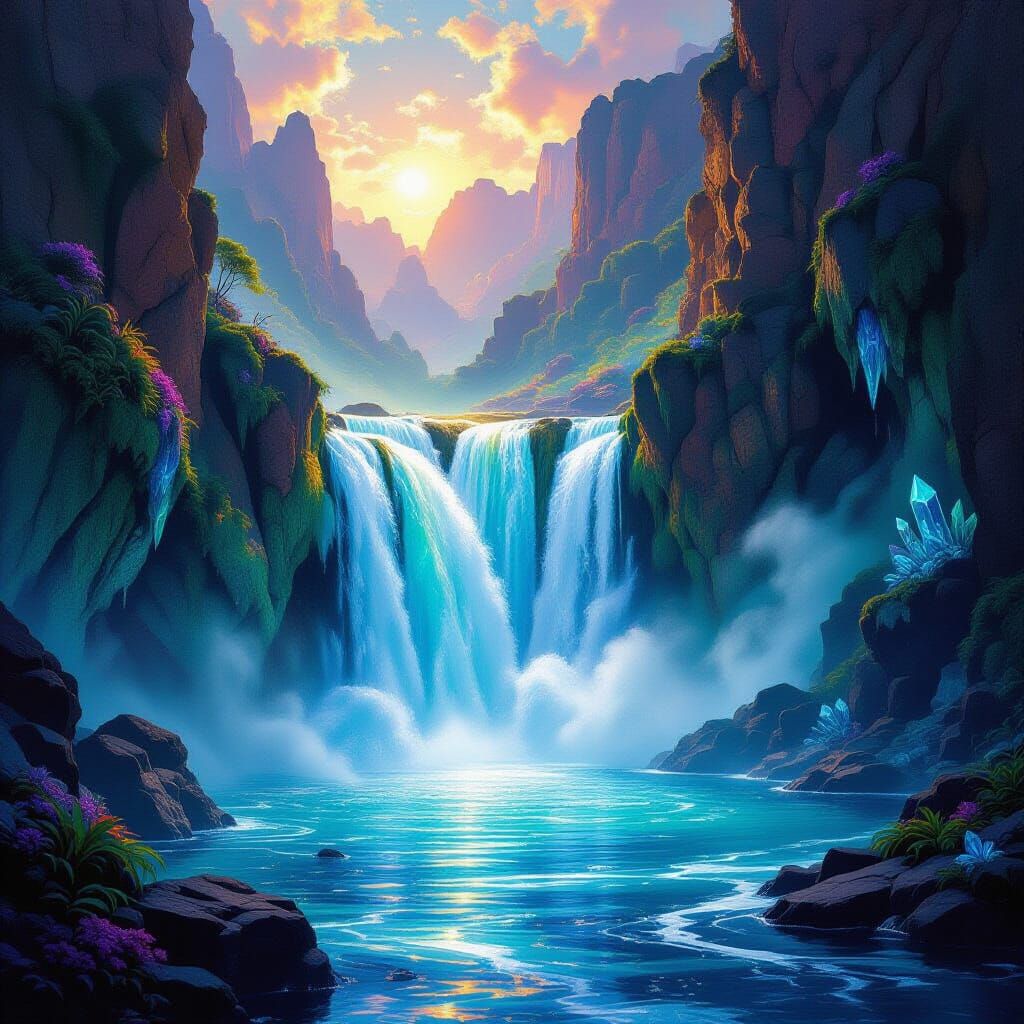 Magical Waterfall with Bioluminescent Flora