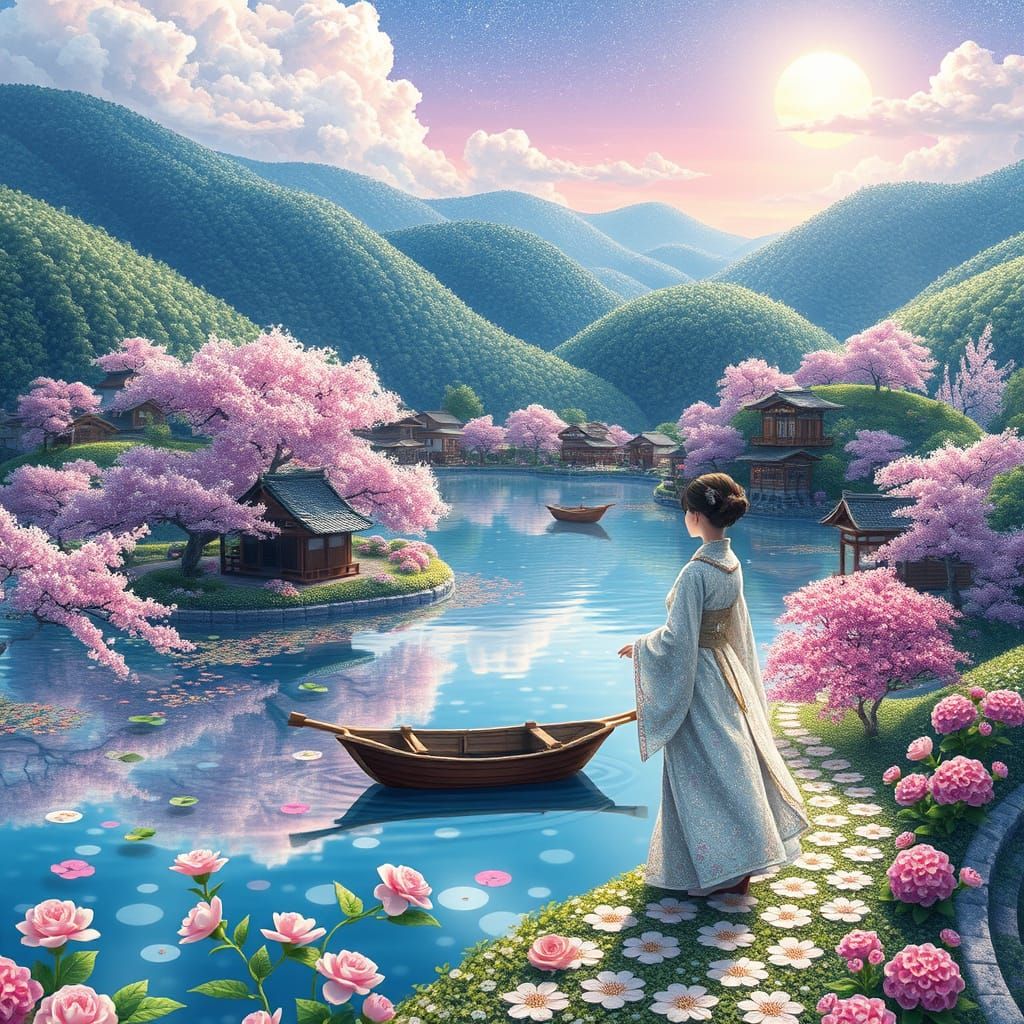 Beaded Fairy Tale Lake with Cherry Blossoms in Anime Style