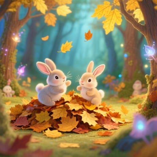 Cute Bunnies Playing in Autumn Leaves Children's Book Style