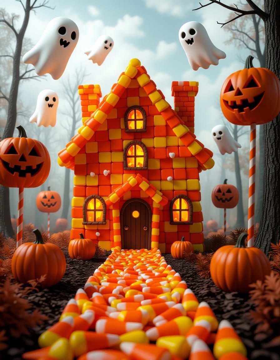 Scary Candy Corn Haunted House in a Spooky Forest
