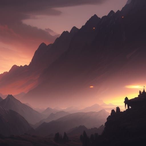 Dramatic Sunrise Over Mountains in Dark Fantasy Style