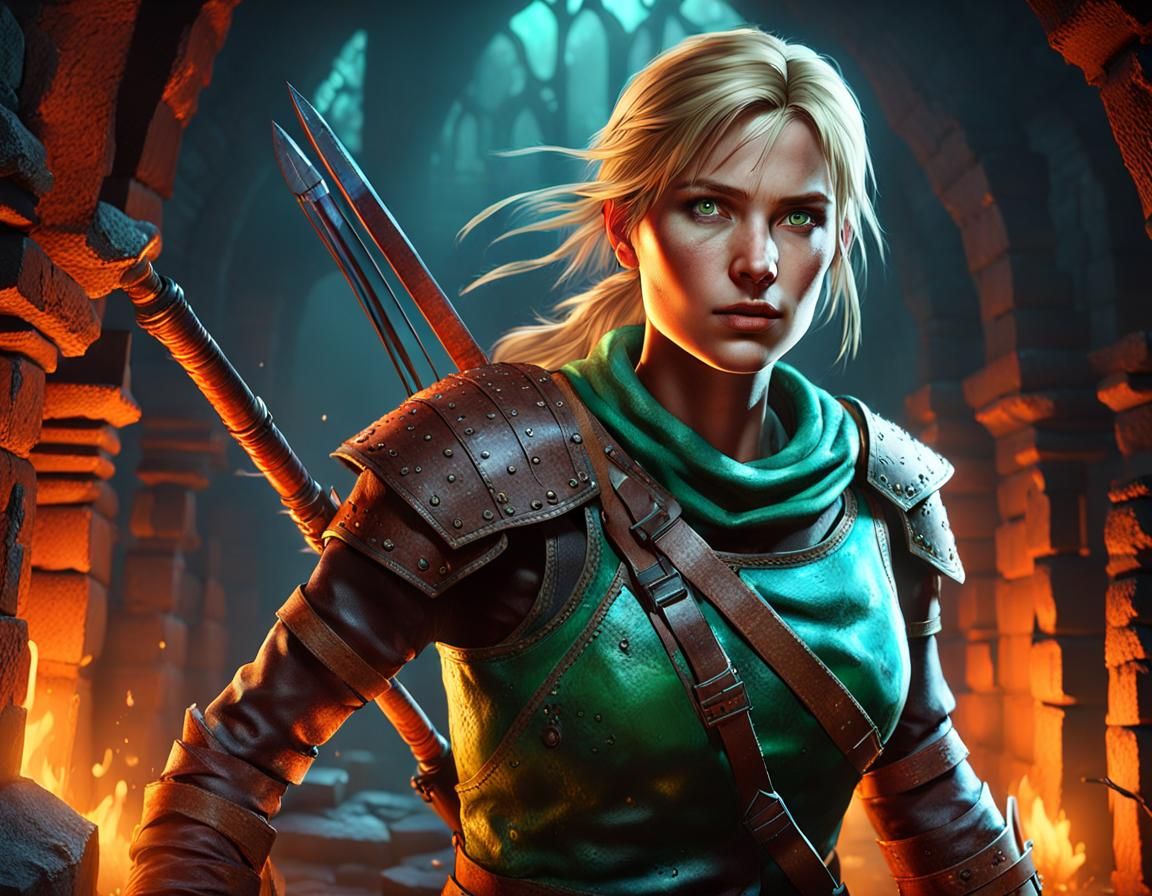 Medieval Lady Adventurer Exploring Haunted Dungeon