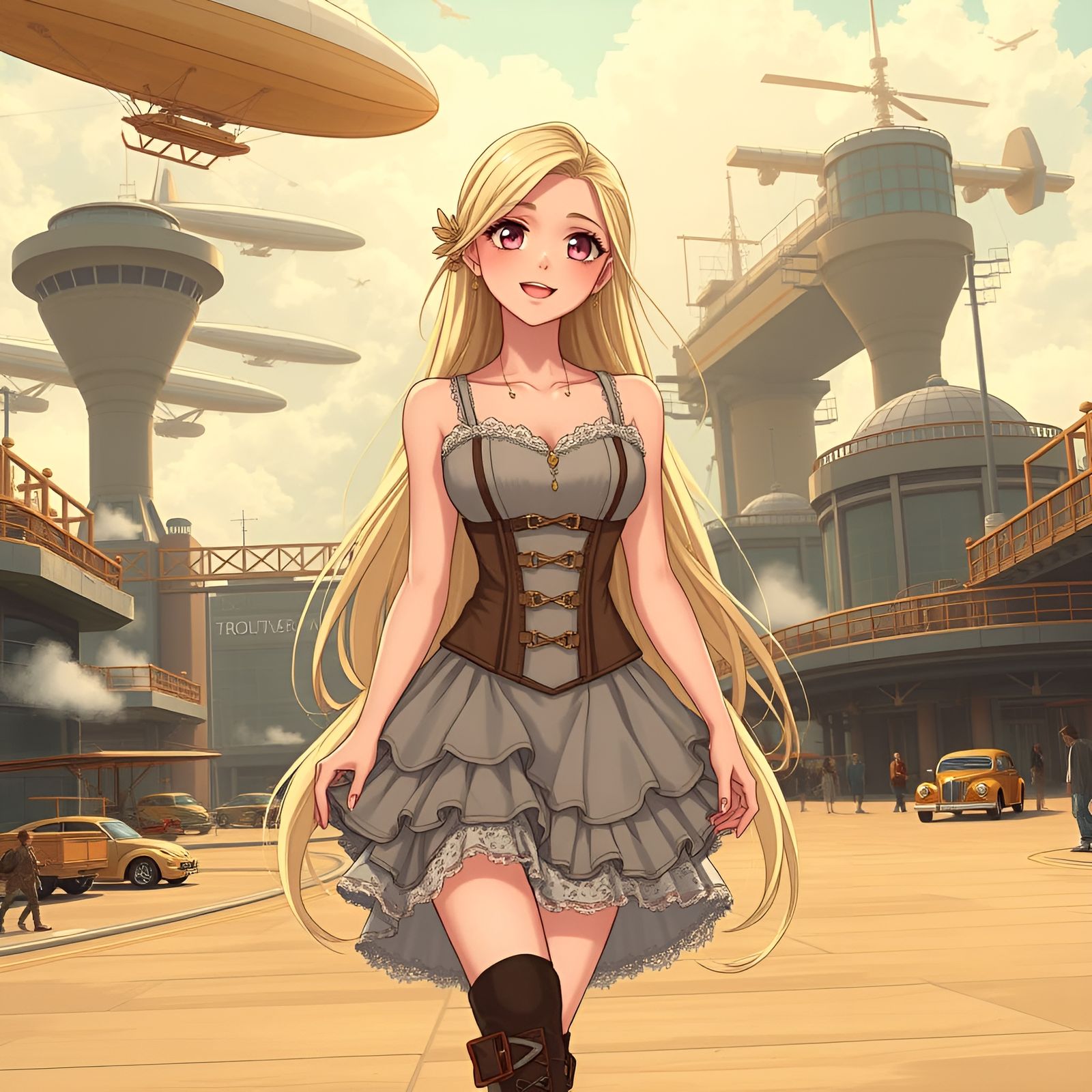 Happy Anime Woman in Steampunk Airport