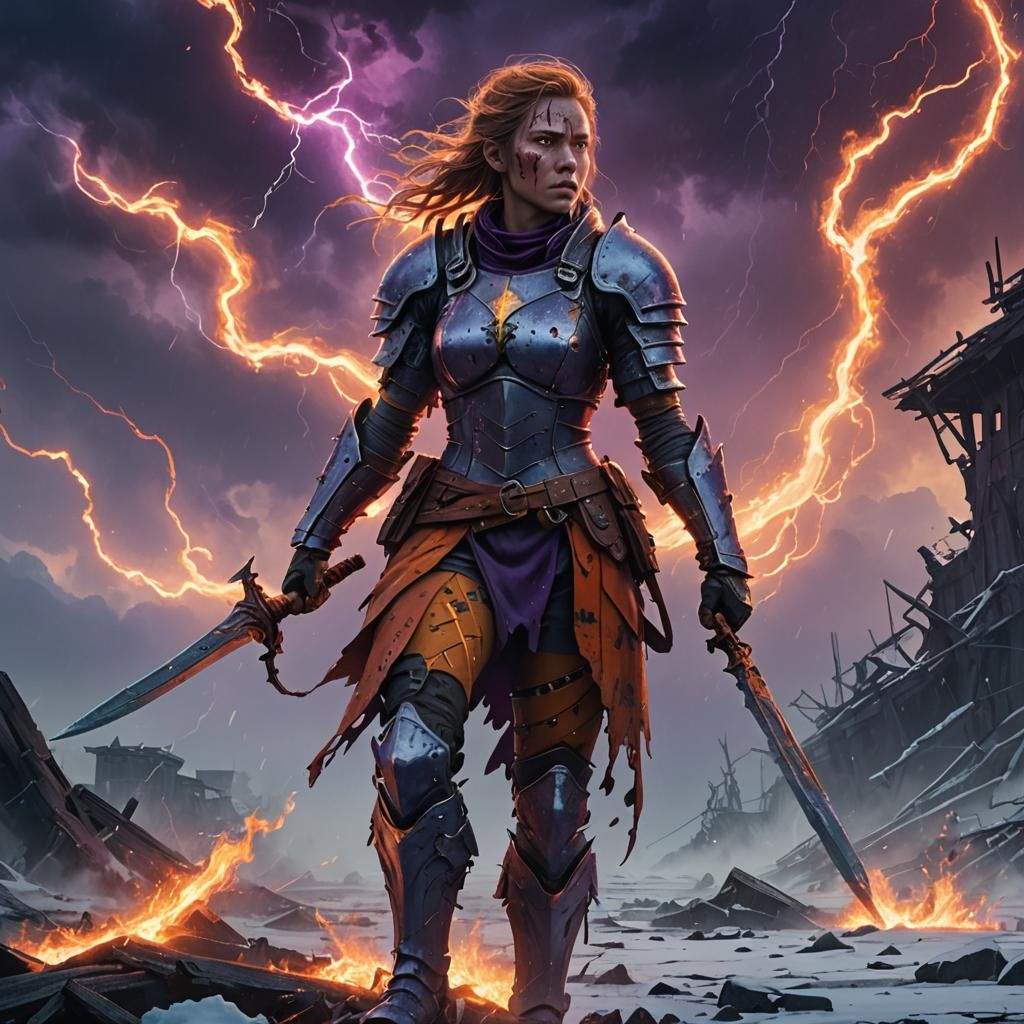 Fantasy Warrior Amidst Tempest in Matte Painting Style