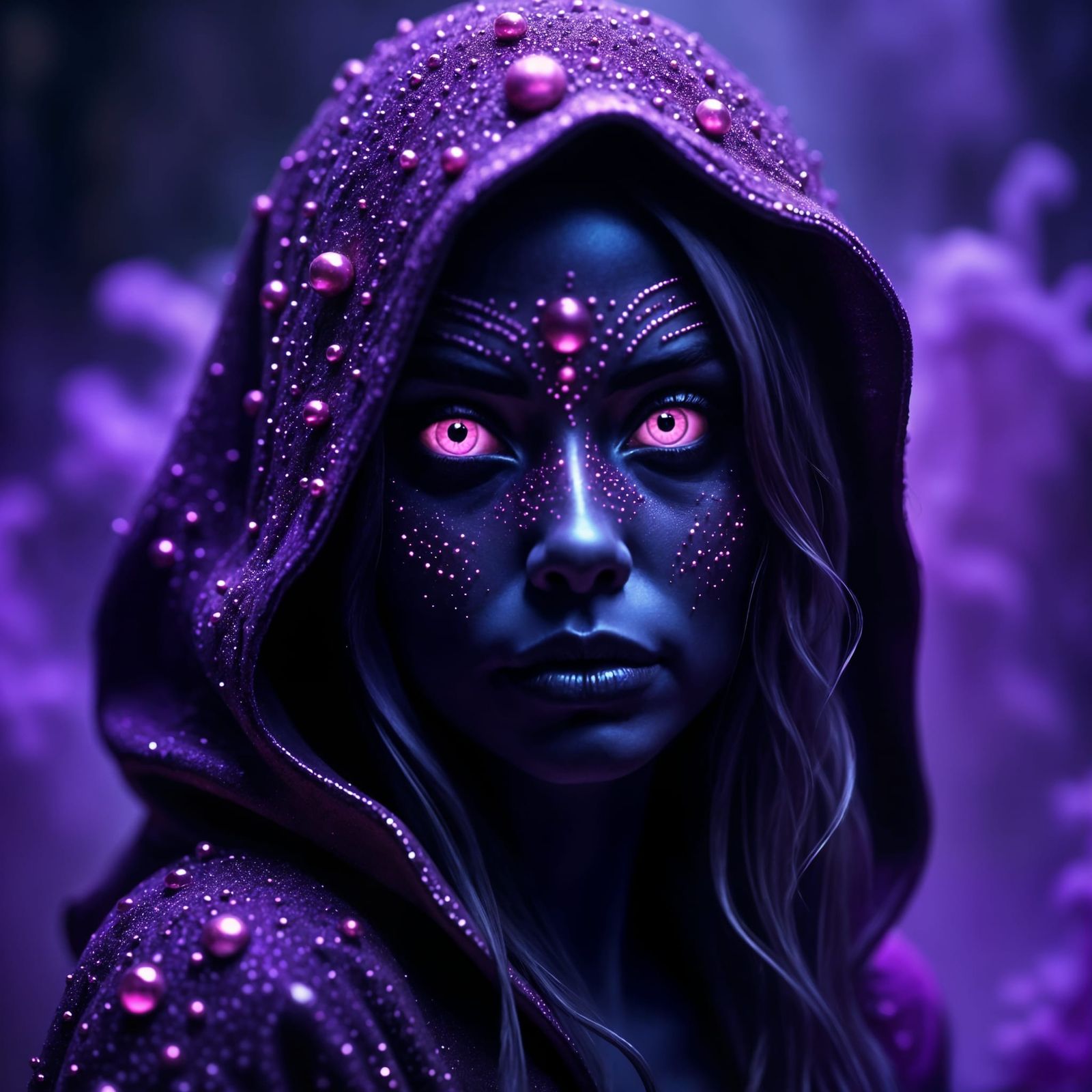 Mysterious Hooded Woman Portrait in Cyberpunk Fantasy Style
