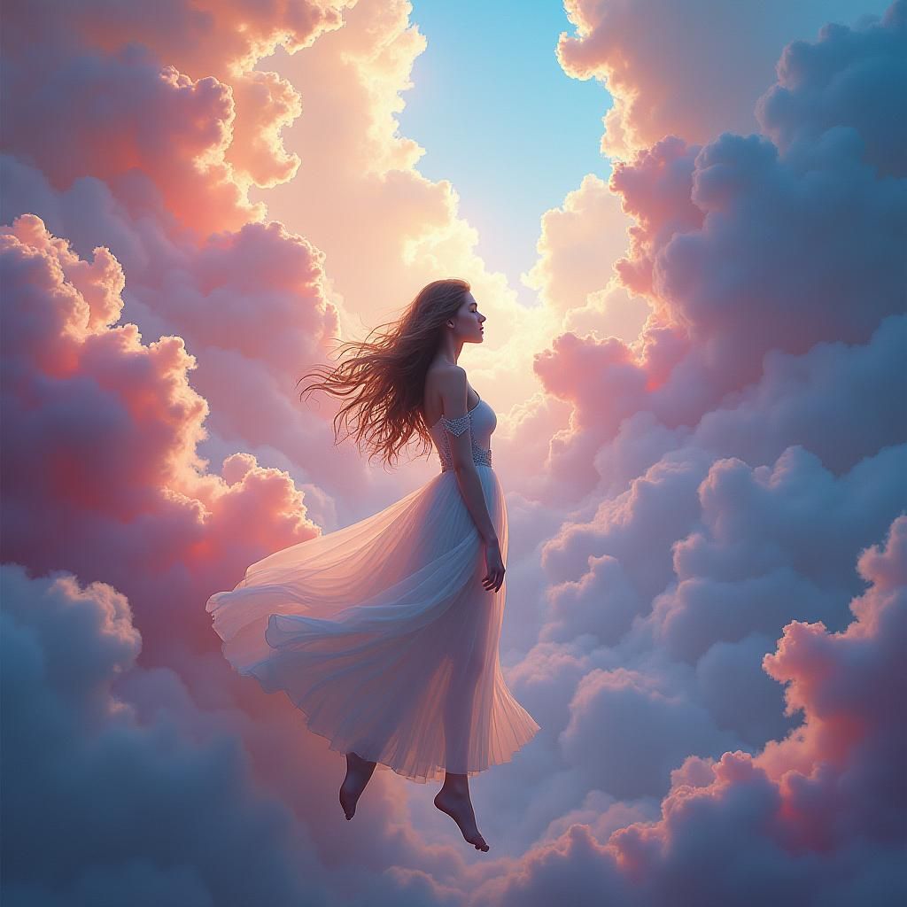 Ethereal Girl Floating in Iridescent Clouds