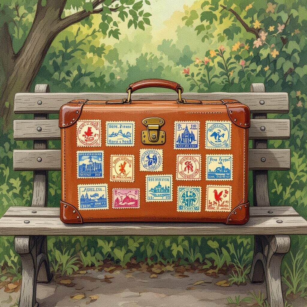 Vintage Suitcase with Stamps in Beatrix Potter Style