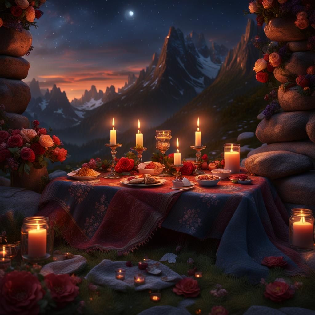 Romantic Mountain Picnic in Detailed Fantasy Art