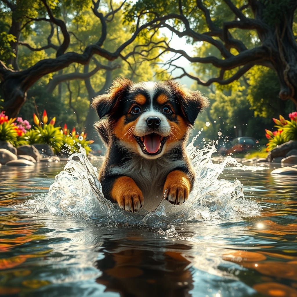 Playful Puppy Splashes in a Serene, Sunlit River Landscape