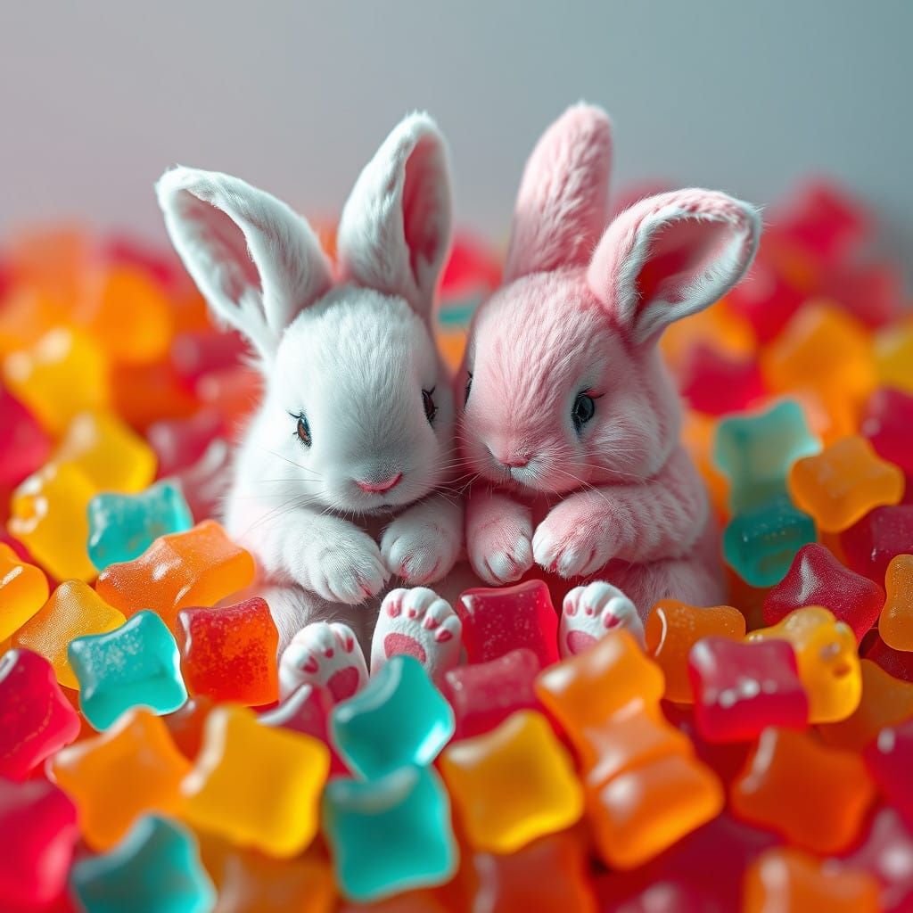 Whimsical Bunnies Amidst Gummy Bear Paradise