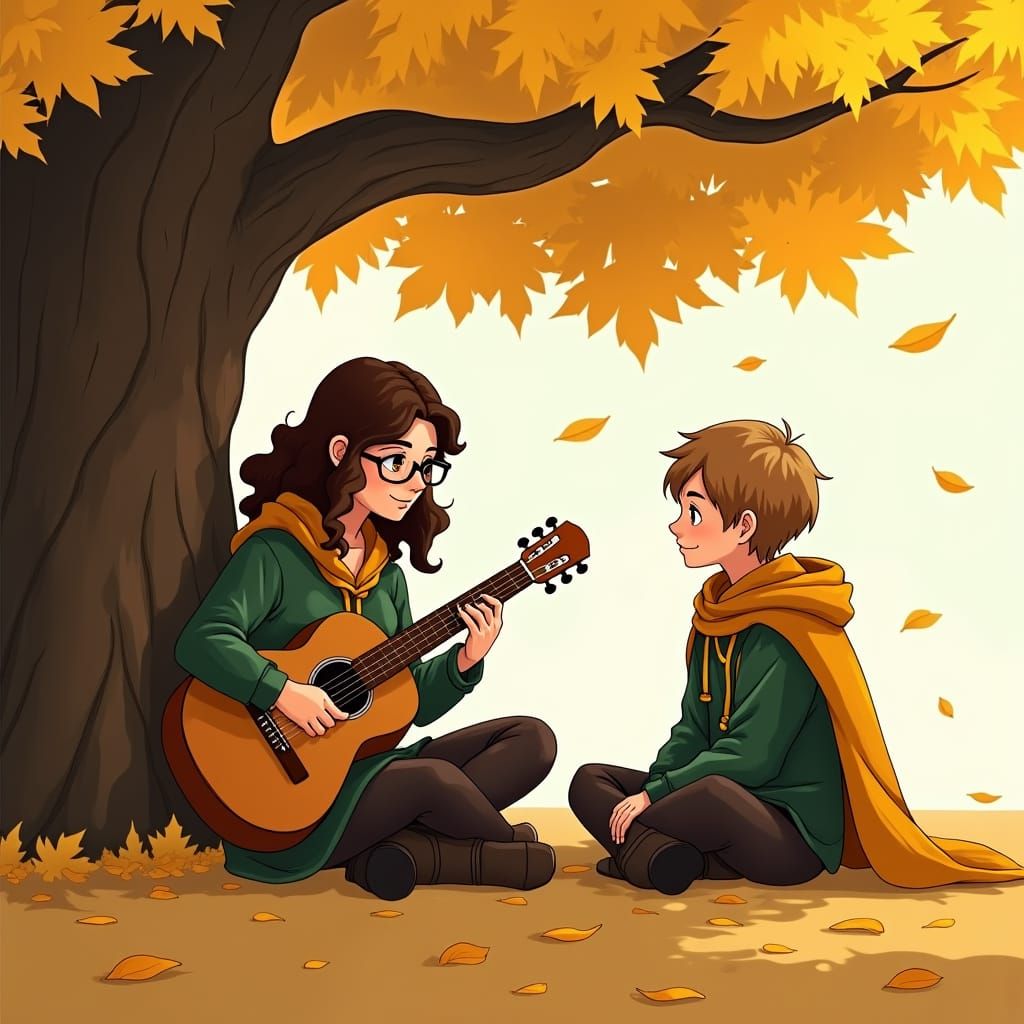 Autumn Scene of Willow and Hunter in Animation Style