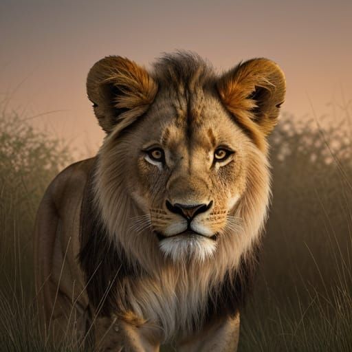 Surreal Sunset Scene of a Lion Cub in the African Savannah