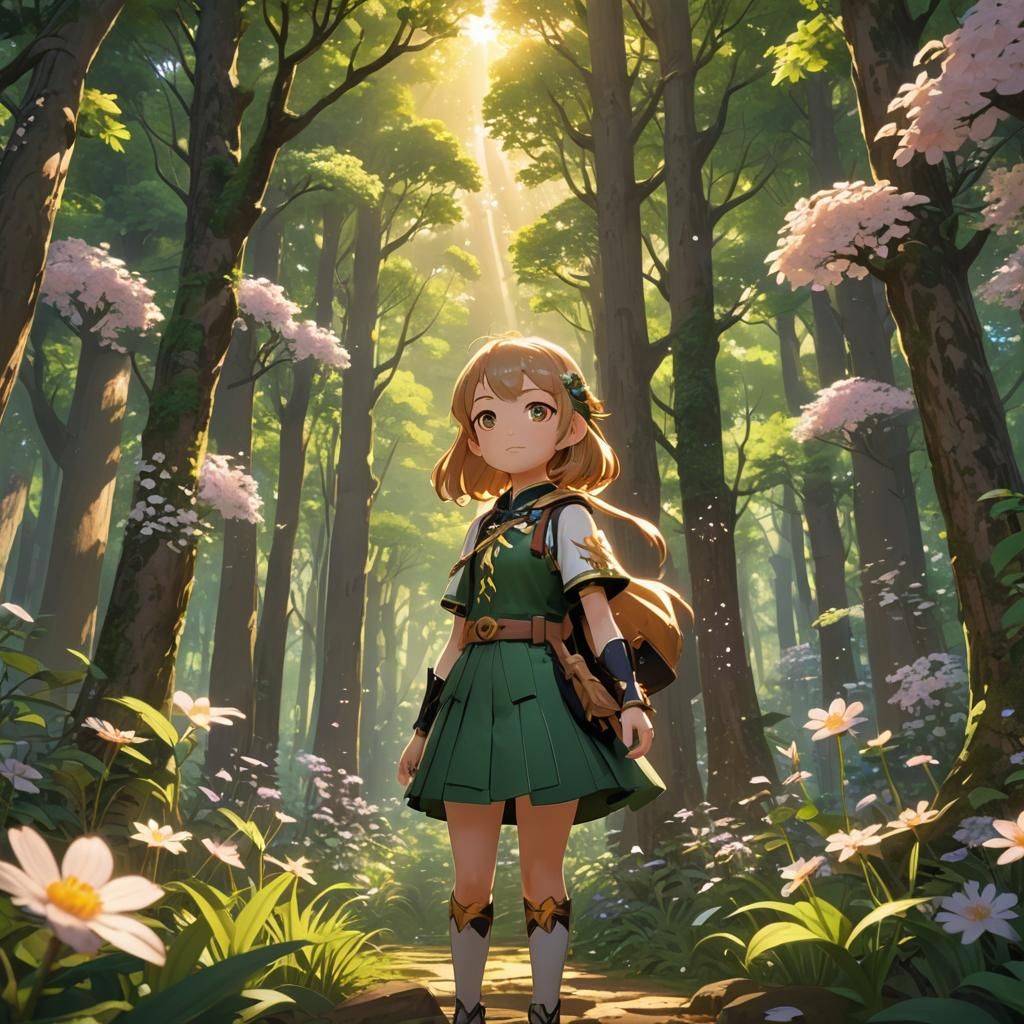 Cute Anime Girl in Lush Forest, 3D Render