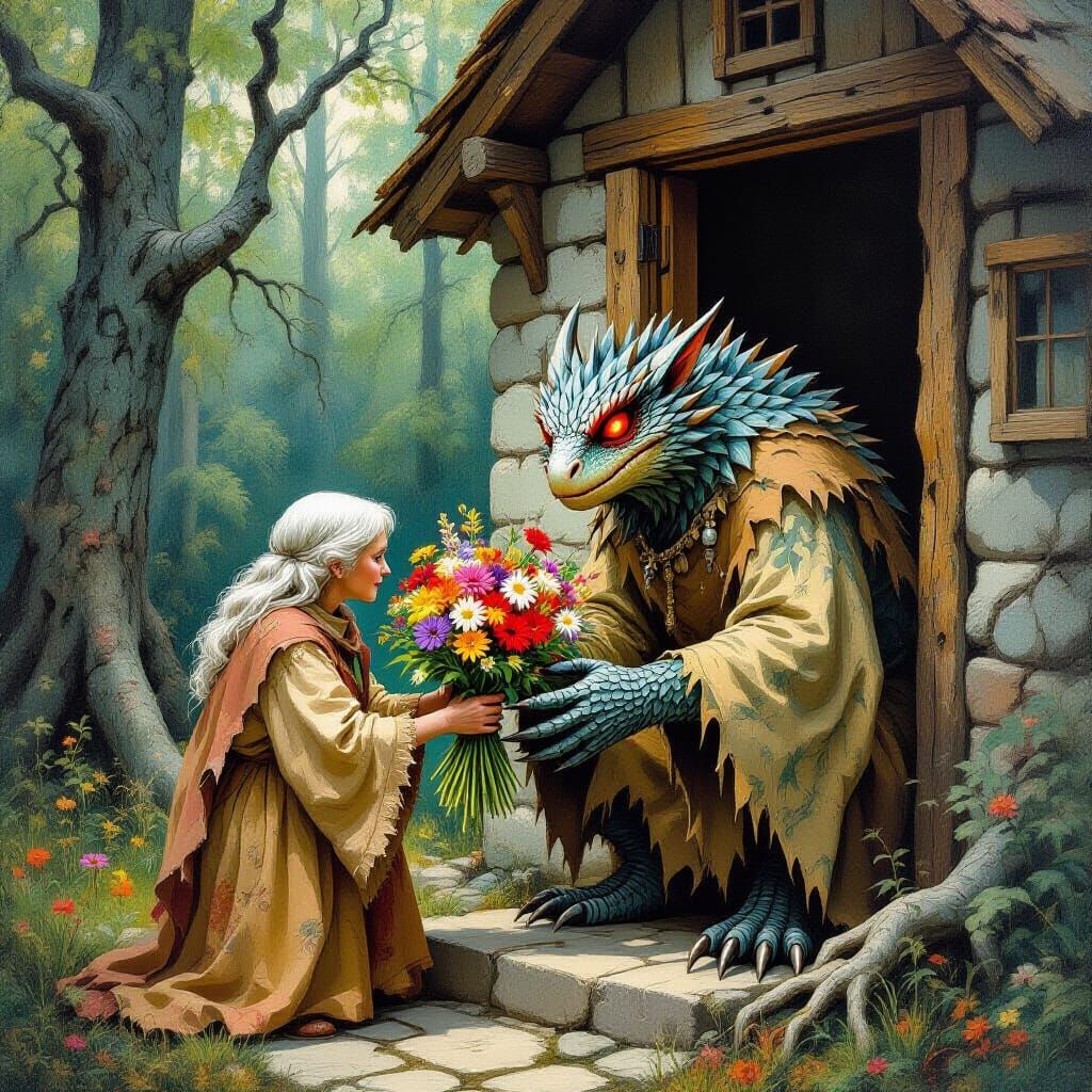 Mystical Forest Creature's Floral Gift as Vintage Travel Pos...