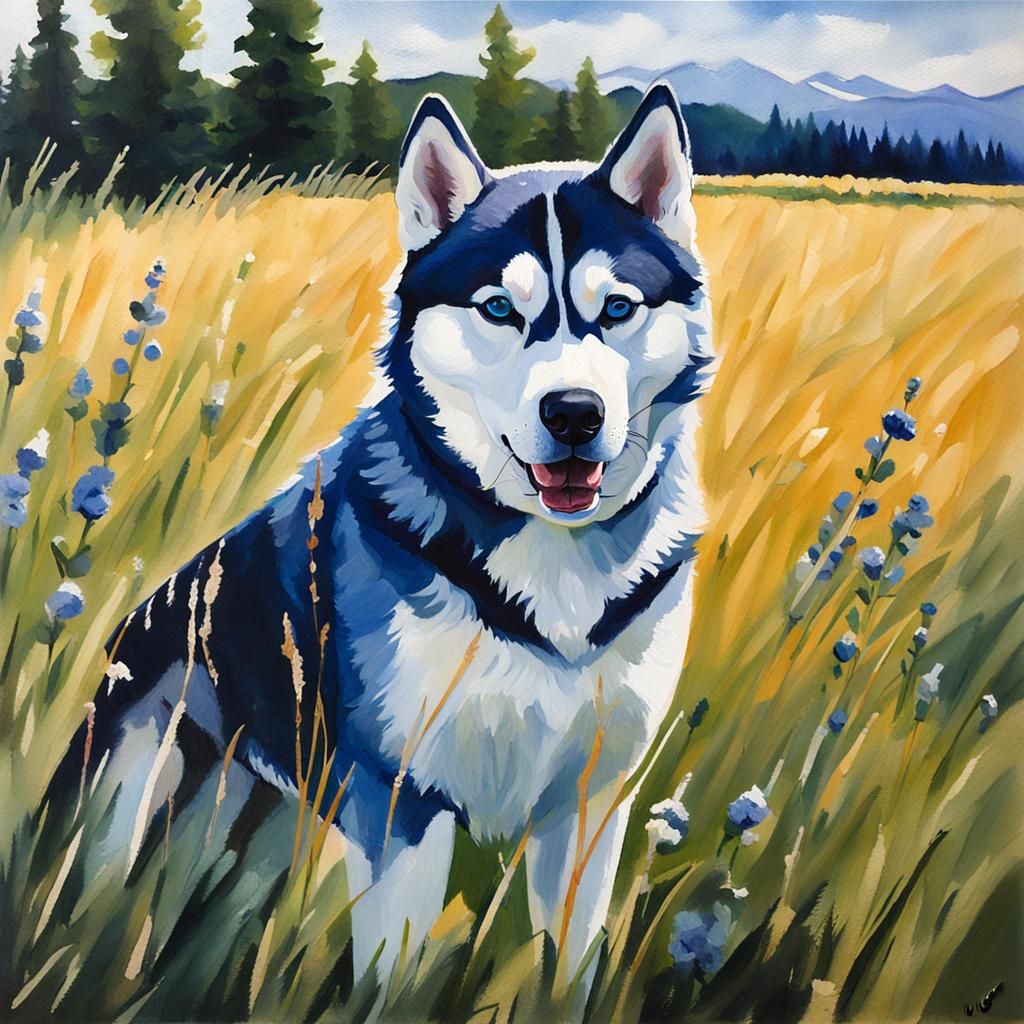 Siberian Husky in Field, Gouache Painting
